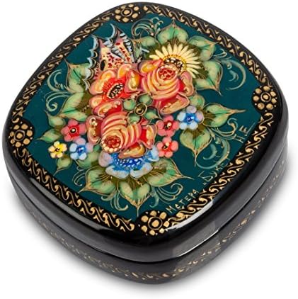 Bouquet Green Russian Lacquer Box with Lid Decorative Hand Painting Mstera / Signed by the artist