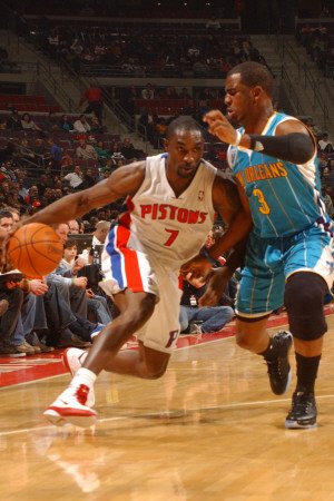New Orleans Hornets v Detroit Pistons: Ben Gordon and Chris Paul Photographic Poster Print by Allen Einstein, 28x42