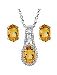 1.48 Ct Oval Yellow Citrine 14K White Gold Pendant Earrings Set