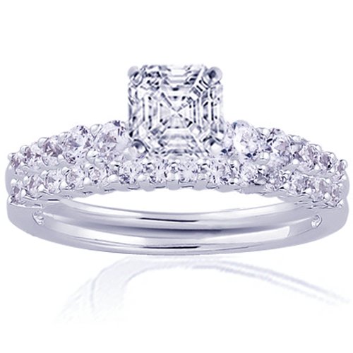 1.30 Ct Asscher Cut Diamond Engagement Wedding Rings Pave-Set VS2 CUT: VERY GOOD