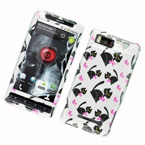 White with Black Kitty Cat and Pink Bow Motorola Droid X Mb810 Snap on Cell Phone Case + Microfiber Bag