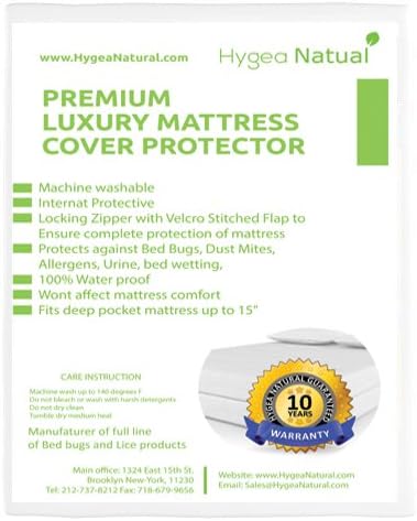 BEDBUG 911 Hygea Natural Luxurious Mattress Protector Stretchable Hypoallergenic Allergen &amp; Bedbug Certified 100% Waterproof Locking Zipper 10 Year Warranty Vinyl Free California King 72" X 84" X 15"