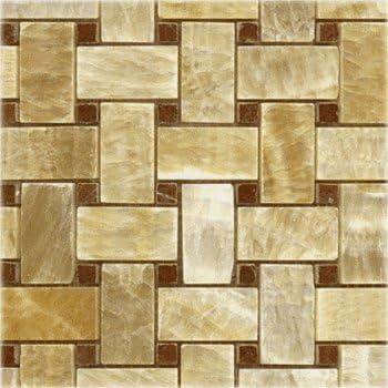 Honey Onyx Polished Basketweave with Red Insert Dot Mosaic Tile