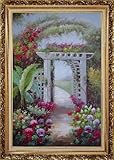 Mediterranean Oil Painting 42 x 30 inches, with Ornate Antique Dark Gold Wood Frame
