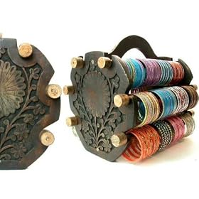 Beachcombers! Round Indian Stained Hand Carved Wood Glass Bangle Bracelet Jewelry Stand Display...