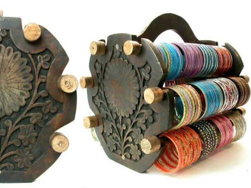 Click here to buy Beachcombers! Round Indian Stained Hand Carved Wood Glass Bangle Bracelet Jewelry Stand Display....
