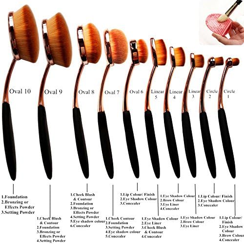 LaiFeiYa - 10 pcs Soft Oval Makeup Brushes Set Rose Gold - Foundation Spoon Brush Makeup Foundation - Free Randomly Color Cleaning MakeUp Washing Brush