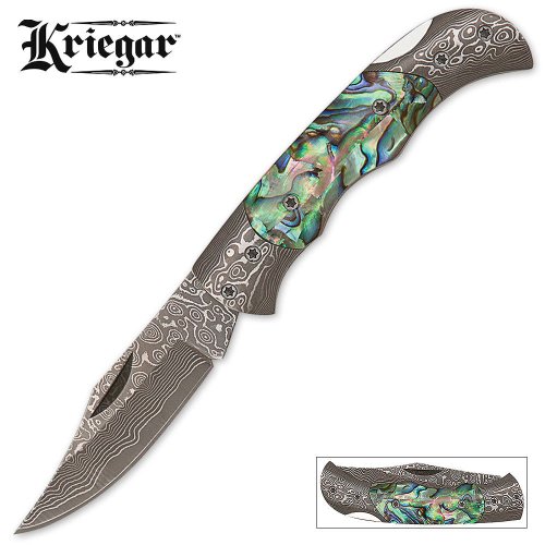 Kriegar Folder with Damascus Blade and Abalone Handle Kriegar Folder with Damascus Blade and Abalone Handle Hunting Knives