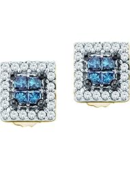 14K Yellow Gold 0.33CT Square Shape Princess Cut Blue Diamond Invisible Earring