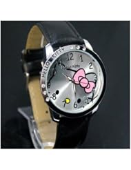 Fashion Cartoon Hello Kitty Wrist Watch with PU Leather Watchband Lady Girl Watch Black Color