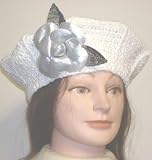 Hand Crocheted White Chenille and Gimp Tweed Beret for Women and Teens Trimmed with Silver Foil Flower