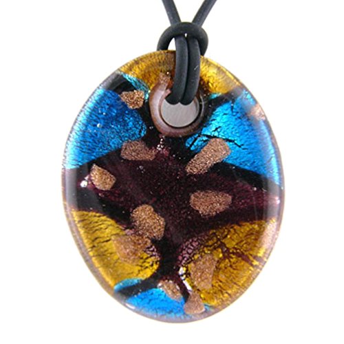 Aqua Murano-style Glass Oval Pendant Rubber Cord Necklace, 16-18″