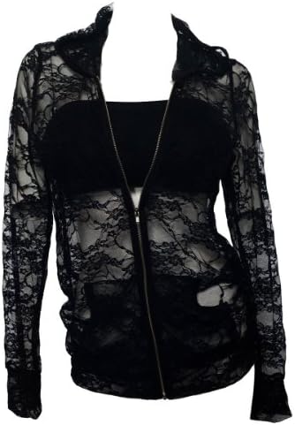 eVogues Plus Size Lace Zipper Front Hoodie Top Black