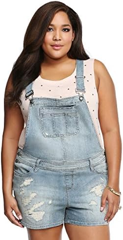 Torrid Premium Overall Shorts - Light Wash with Destruction