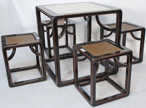 BK0081Y-Asian-Inspired Game or Card Table, with Marble Top and Stools, Contemporary, China, Elm (Yum