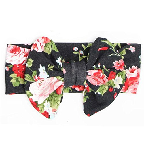 DZT1968® Baby Girl Floral Bowknot Wide Turban Headband Head Wrap Hair Band (Black)