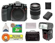 Sony Alpha A100 A100K A100H 10.2MP Digital SLR Camera Kit with 18-200mm f/3.5-6.3 DT Lens + Sony Alpha HVL-F36AM Flash + Transcend 2GB 120X CompactFlash Card + USB Card Reader + Spare Replacement Battery for Sony NP-FM55H + Deluxe SLR Gadget Bag