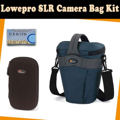 LowePro SLR Camera bag kit which includes the Lowepro Cirrus TLZ 25 Holster Style Case For Digital SLR & Telephoto Zoom Lens (Blue) + DMC-Z wallet for memory card(s), batteries, Mini DV tapes and more + DB ROTH Micro Fiber Cloth.