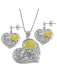 Sterling Silver Heart with Yellow Flower Earring and Necklace Set (18 inch)