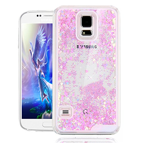 Galaxy S5 Cover Samsung Galaxy S5 Cover for Girls EMAXELER 3D Creative Design Angel Girl Flowing Liquid Floating Heart Bling Shiny Liquid PC Hard Cover for Samsung Galaxy S5 Heart Pink