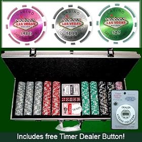 500 Casino Grade Las Vegas 14 gram Poker Chips w/ Timer Dealer Button. Premium Composite Clay Poker Chips, Includes Aluminum Case.