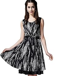 Flared-Skirt Belted Shirred Polyester/Silk Two-Toned Jumper 