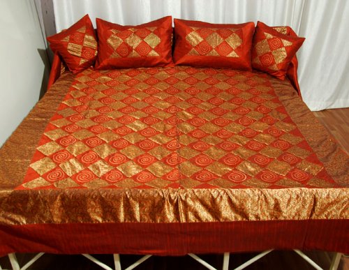 Patch Work Silk Bed Sheet Bedspread with Pillow Covers & Cushion Covers Size: 106 X 90 Inches