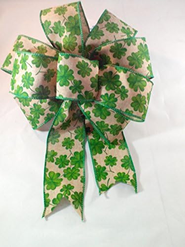 Luck Of The Irish St. Patrick's Day Bow Wired Brown Ribbon With Green Shamrocks Handmade Shamrock Bow 9 Inch Diameter