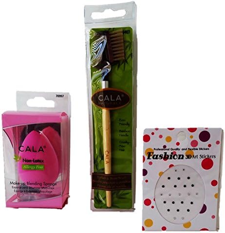 3 Item Bundle: 1 Unique Foundation Blender, 1 - Eyebrow Brush with Comb w/Wood Handle and 1 Pack of Rhynstone jewelry Fashion Stickers (Pink)