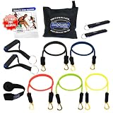 *New Bodylastics 12 pcs Resistance Bands *MAX TENSION STACKABLE SYSTEM (96 lbs.) with 5 Failsafe anti-snap exercise tubes and Heavy Duty components