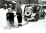 Boxed Christmas Holiday Greeting Cards - Vintage Image of Skiing Behind Classic Car