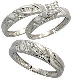 14k White Gold Trio 3-Piece His (5mm) & Hers (4mm; 5mm) Wedding Band Set, w/ 0.25 Carat Brilliant Cut & Invisible-set Diamonds; (Men's Size 9 to 12; Ladies' Size 6 to 8)