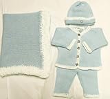 Ck1.001, Knitted on Hand Knitting Machine Finished By Hand Crochet Light Blue Cotton White Chenille Trim Boys Cardigan Pant and Hat Set with Matching Blanket for Ages 0-6 Months