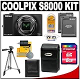 Nikon Coolpix S8000 14.2 Megapixel Digital Camera with 10x Wide-Angle Optical Zoom (Black) with + 8GB Card + (2) EN-EL12 Batteries + Tripod + Case + Accessory Kit
