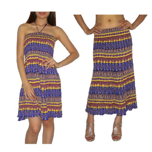 Womens Thai Boho Flowing Gathered / Smocked Bodice Crinkle Halter Summer Dress / Skirt - Purple & Yellow (Size: one size)