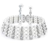 Bling Jewelry Crystal White Faux Pearl Bridal Choker Necklace and Drop Earrings Set