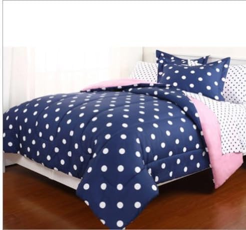 Blue &amp; White Polka Dot Reversible Girls Queen Comforter Set (7 Piece Bed In A Bag) by Teen Bedding by Teen Bedding