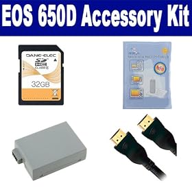Canon EOS 650D Digital Camera Accessory Kit includes: SDLPE8 Battery, SD32GB Memory Card, HDMI3FM AV & HDMI Cable, ZELCKSG Care & Cleaning
