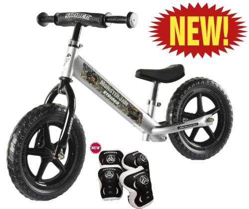 STRIDER No Pedal Balance Bike with Knee and Elbow Pads (Monster Jam)