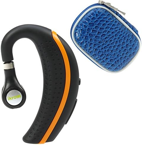 iKross Black/ Orange Behind-the-Ear Wireless Bluetooth Handsfree Headset + Blue Small Eva Headset Case for Apple iPhone Samasung HTC LG Motorola Nokia Cellphone Smartphone Tablet and more