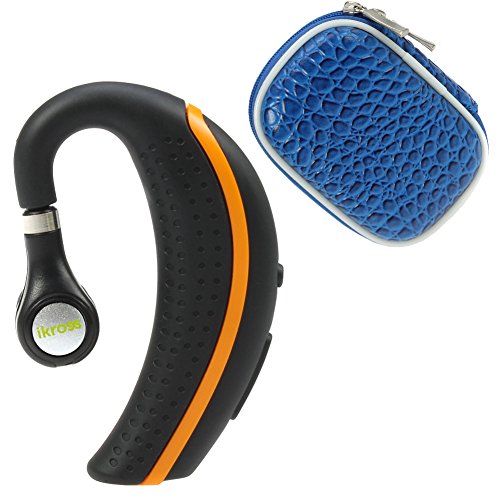 iKross Black/ Orange Behind-the-Ear Wireless Bluetooth Handsfree Headset + Blue Small Eva Headset Case for Apple iPhone Samasung HTC LG Motorola Nokia Cellphone Smartphone Tablet and more