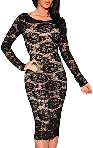 Anmengte Women Sexy Lace Floral Midi Party Dress Low Back Clubwear Slim Waist Long Sleeves (black)