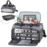 Picnic Time Buccaneer Insulated Cooler Tote w/ 3 Pc BBQ Tools And Grill Inside Tote (Black/Silver)