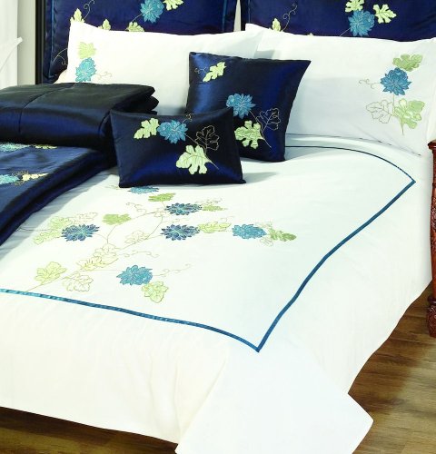 Morgan Blue Green Embroidered Floral Double Duvet Quilt Cover