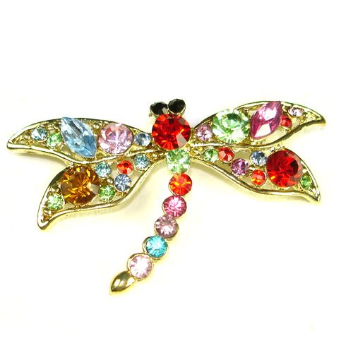 Multi-Color Austrian Rhinestone Dragonfly Gold-Tone Brooch Pin