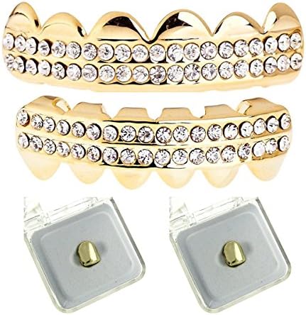 Men's Gold Plated 2Row Iced Out Top&amp;Bottom Chrome Set HipHopBling Teeth Grillz + 2 Single Tooth Cap