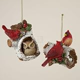 POLYRESIN BIRCH CARDINAL ON LOG ORNAMENT
