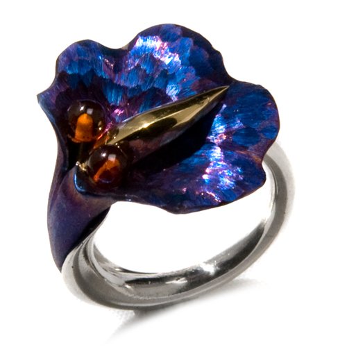 Titanium Collection Certified Genuine Honey Amber and Sterling Silver Flower Ring