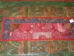Ethnic India Red Beaded Antique Wall Hanging Sari Tapestry Table Runner