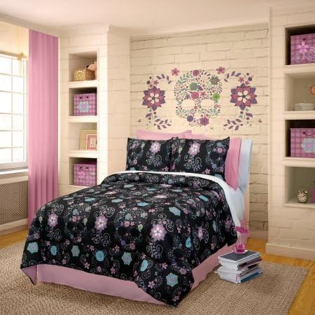 Rainbow Skulls 736425601682 Comforter Set, Twin - Black